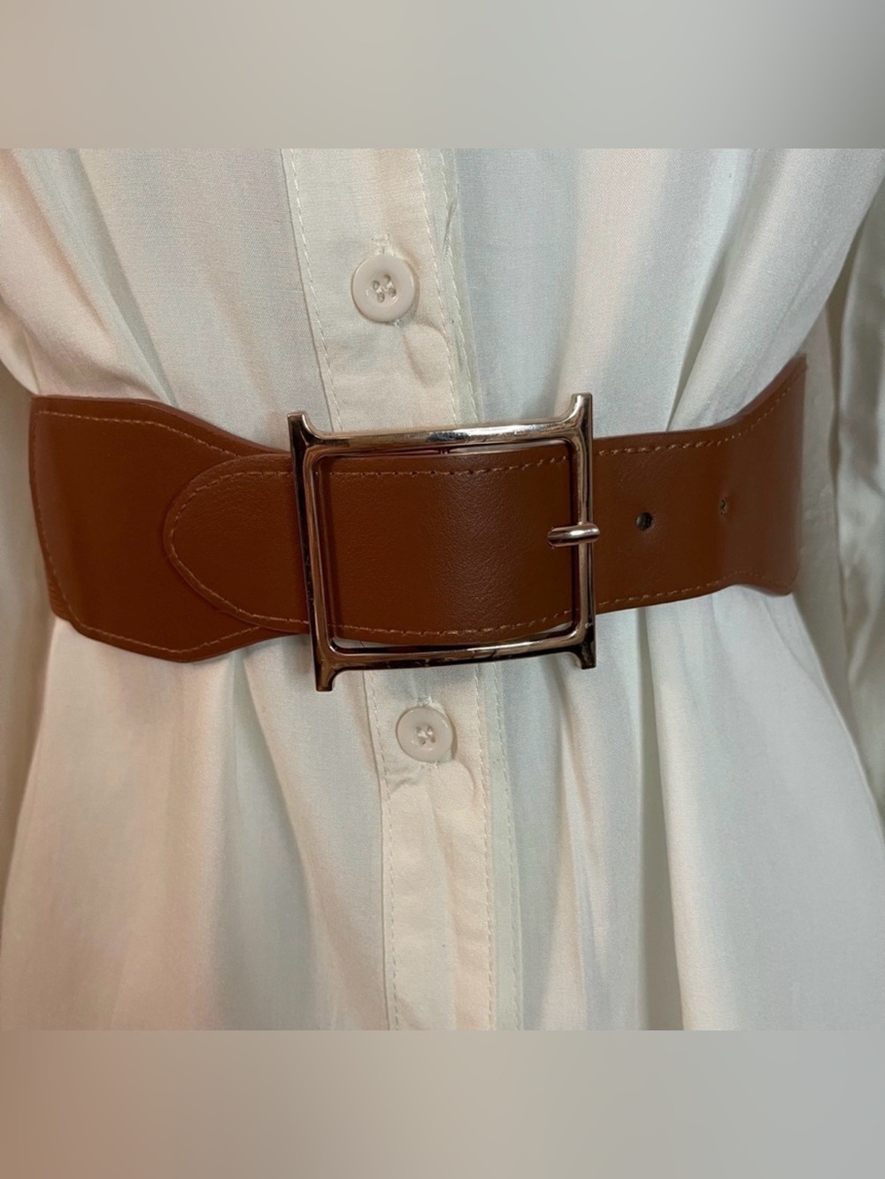 Brown PU leather square buckle elastic waistband belt